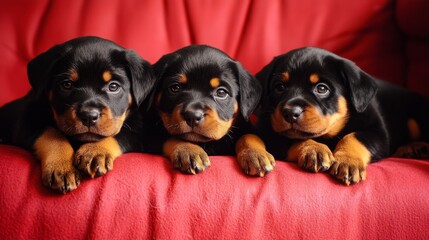 cachorros de rottweiler sobre un sofá rojo, concepto de mascotas y salud veterinaria