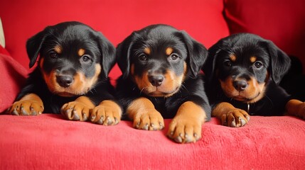 cachorros de rottweiler sobre un sofá rojo, concepto de mascotas y salud veterinaria