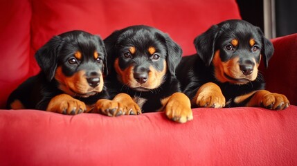 cachorros de rottweiler sobre un sofá rojo, concepto de mascotas y salud veterinaria