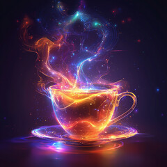 Wall Mural - Vibrant Digital Art of a Coffee Cup with Neon Flames and Abstract Energy