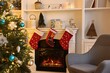© New Africa - Christmas tree and armchair near decorated fireplace in room. Festive interior