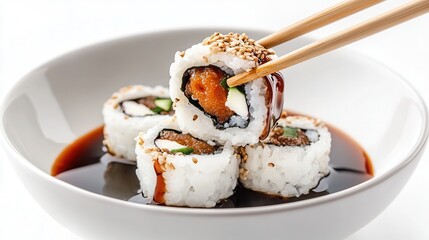 Wall Mural - Sushi roll being pulled from bowl with chopsticks and drizzled with dark sauce