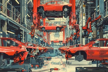 Poster - Efficient assembly line with robotic arms working on vehicle production in a modern manufacturing facility during daylight hours