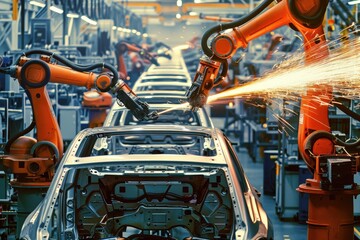 Aufkleber - Efficient assembly line with robotic arms working on vehicle production in a modern manufacturing facility during daylight hours