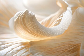 Aufkleber - Delicate close-up of a creamy white flower petal showcasing soft curves and intricate textures in gentle natural light at dawn