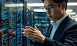 © RooftopStudioBangkok - focused man in suit analyzes data on digital screens, showcasing cyber security and technology. His expression reflects concentration and determination