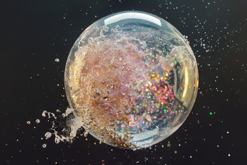 Poster - Colorful bubble bursting with water droplets and shimmering glitter in a dark background creating a dynamic visual effect