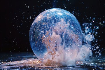 Poster - Colorful bubble bursting with water droplets and shimmering glitter in a dark background creating a dynamic visual effect