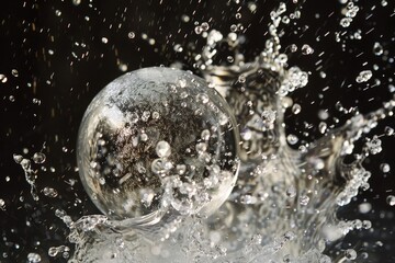 Fototapete - Colorful bubble bursting with water droplets and shimmering glitter in a dark background creating a dynamic visual effect