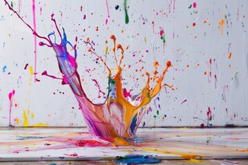 Fototapete - Colorful splashes of paint create vibrant patterns on a white background in an artistic display