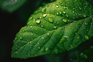 Poster - Close-up of vibrant green leaf covered in water droplets captured in natural light during early morning hours in a forest setting