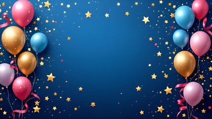 Wall Mural - a wide banner with balloons and confetti, a blue background with gold stars and ribbons