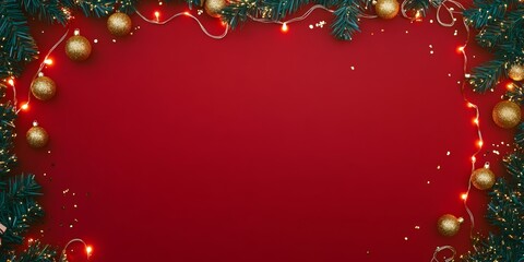 Wall Mural - Christmas background with festive decorative decoration elements. Christmas tree branches with lights ornament balls. Christmas New Year border, xmas frame, Holiday banner and poster