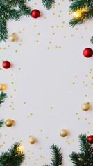 Wall Mural - Christmas background with festive decorative decoration elements. Christmas tree branches with lights ornament balls. Christmas New Year border, xmas frame, Holiday banner and poster