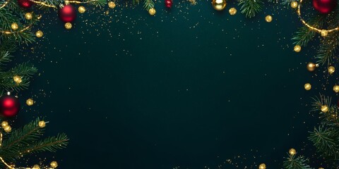 Wall Mural - Christmas background with festive decorative decoration elements. Christmas tree branches with lights ornament balls. Christmas New Year border, xmas frame, Holiday banner and poster