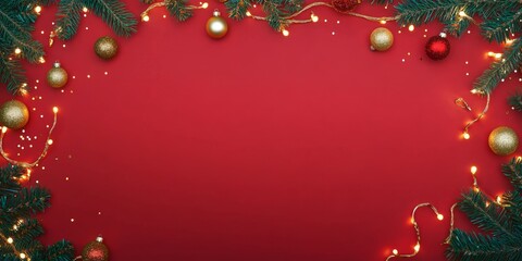Wall Mural - Christmas background with festive decorative decoration elements. Christmas tree branches with lights ornament balls. Christmas New Year border, xmas frame, Holiday banner and poster