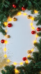 Wall Mural - Christmas background with festive decorative decoration elements. Christmas tree branches with lights ornament balls. Christmas New Year border, xmas frame, Holiday banner and poster