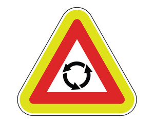 Wall Mural - Roundabout Intersection Warning Sign Featuring Red Triangle and Black Circular Arrows Icon, Indicating a Roundabout Ahead, Available as a Vector File