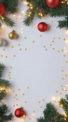 Wall Mural - Christmas background with festive decorative decoration elements. Christmas tree branches with lights ornament balls. Christmas New Year border, xmas frame, Holiday banner and poster