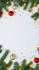 Wall Mural - Christmas background with festive decorative decoration elements. Christmas tree branches with lights ornament balls. Christmas New Year border, xmas frame, Holiday banner and poster
