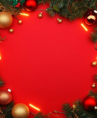 Wall Mural - christmas background with festive decorative decoration elements. christmas tree branches with light