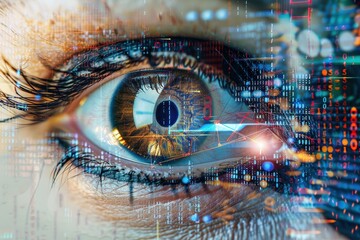 Aufkleber - Close-up view of an eye reflecting digital data and vibrant lights in a futuristic setting during nighttime, showcasing technology and modernity