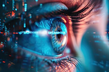 Leinwandbilder - Close-up view of an eye reflecting digital data and vibrant lights in a futuristic setting during nighttime, showcasing technology and modernity