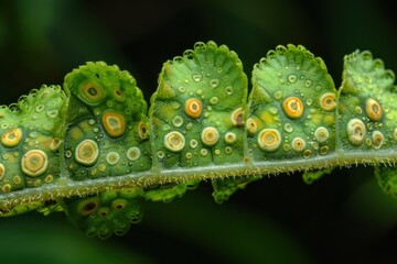 Poster - Close-up view of vibrant green fern leaf displaying intricate patterns and textures in natural habitat during daylight hours