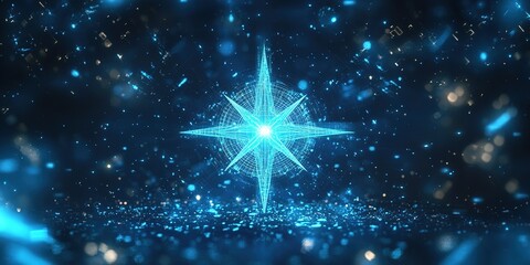 Wall Mural - digital star compass with glowing blue particles against dark background