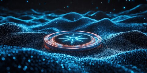 Wall Mural - digital compass glowing on a dynamic surface with an ethereal blue glow in a futuristic setting