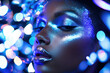 © Katerina Bond - Close-up of a woman with shimmering, iridescent makeup and glossy lips, set against a vibrant, colorful bokeh background. A futuristic, glamour-inspired beauty concept. Festive Christmas makeup.