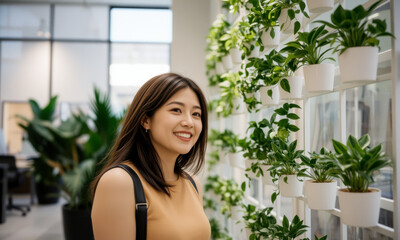 woman smiles in modern indoor vertical garden filled with greenery. bright space enhances her joyful expression, creating refreshing atmosphere