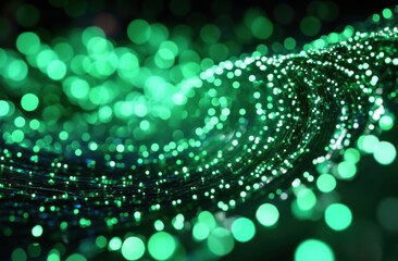 Aufkleber - Abstract green glowing fiber optic cables forming a spiral wave line, with a bokeh effect, on a dark background.