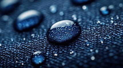 Poster - Close-up of water droplets on a textured dark blue surface.