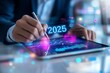 © SekhSadi - 2025 new year forecast strategy. Startup business 2025 positive indicators concept. Businessman use tablet write 2025 target goals icon, virtual screen technology.AI GENERATED