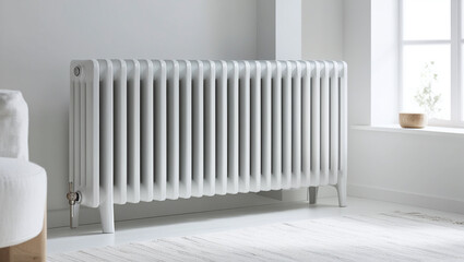 Wall Mural - Modern White Big Radiator Central Heating in Light Minimalistic Apartment or House Interior, Cold Season Heater