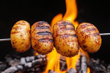 Wall Mural - A close-up of skewered mushrooms being grilled over a brazier.