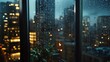 © CLOVER BACKGROUND - Raindrops on Window with Cityscape View at Nighttime Close Up