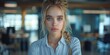 © aicandy - A Portrait of a Young Woman with Striking Blue Eyes in a Contemporary Office Setting, Capturing Her Natural Beauty and Modern Professional Environment with a Subtle Backdrop
