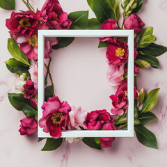 Wall Mural - Creative Layout with Red Flowers and White Frame - Spring Minimalistic Banner