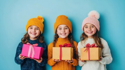 Wall Mural - Happy Children in Colorful Hats Holding Gift Boxes on Bright Blue Background for Holiday Celebrations