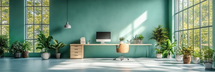 Wall Mural - A serene and sunlit home office space filled with lush green plants, featuring a minimalist desk setup with a computer, chair, and decor elements near large windows.