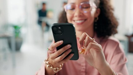 Poster - Woman, phone and happy in office with social media, connectivity and funny status update. Creative person, glasses and mobile in agency for online marketing, typing and laugh with app for networking