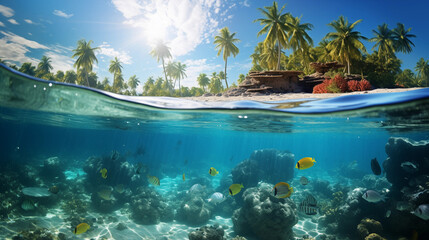Wall Mural - tropical beach and coral reef fish underwater