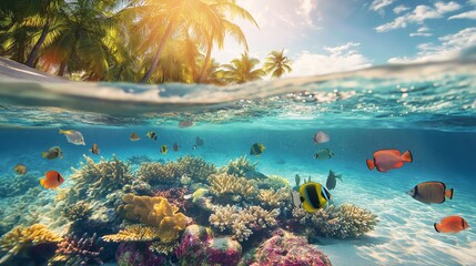 Wall Mural - tropical beach and coral reef fish underwater