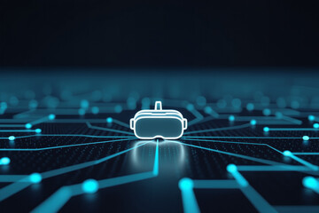 Canvas Print - virtual reality headset centered on a circuit board with a blue and black grid-like background, feat