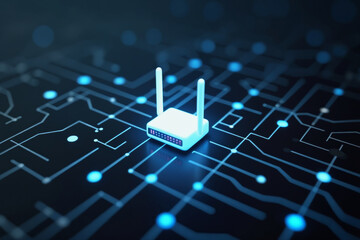 Canvas Print - white wireless router with antennas on a black circuit board. the blue dots on the circuit board and