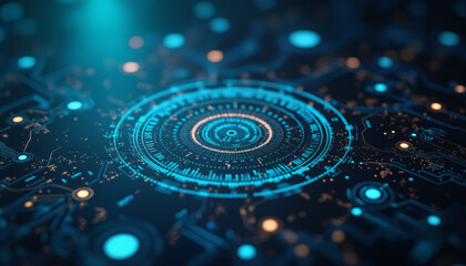 Wall Mural - a circuit board with a blue circular design at the center, surrounded by interconnected lines and do