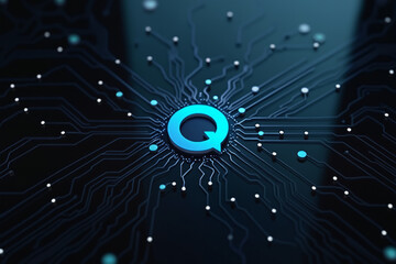 A circuit board featuring the letter 'Q' at its center, set against a blue and black background. The network-like pattern of lines and dots emphasizes the technological design and connectivity