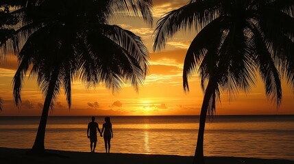 Wall Mural - sunset on beach with people and palms